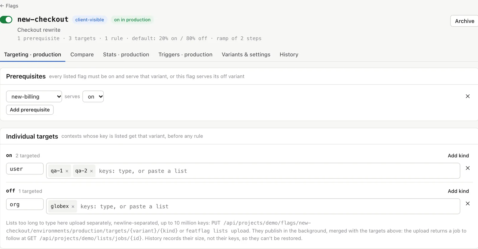 The featflags flag page: a prerequisite on new-billing, individual targets for two users and one organisation, and the start of a rule list.